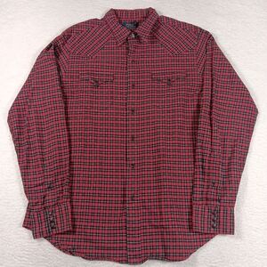 Polo Ralph Lauren Shirt Mens Large Red Pearl Snap Single Tooth Yoke Plaid Cowboy